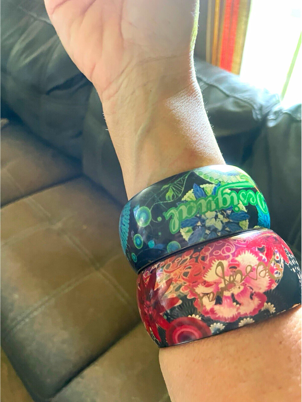 Desigual Lot of 2 Floral Multicolor Brass Bangle Bracelets, No Stone